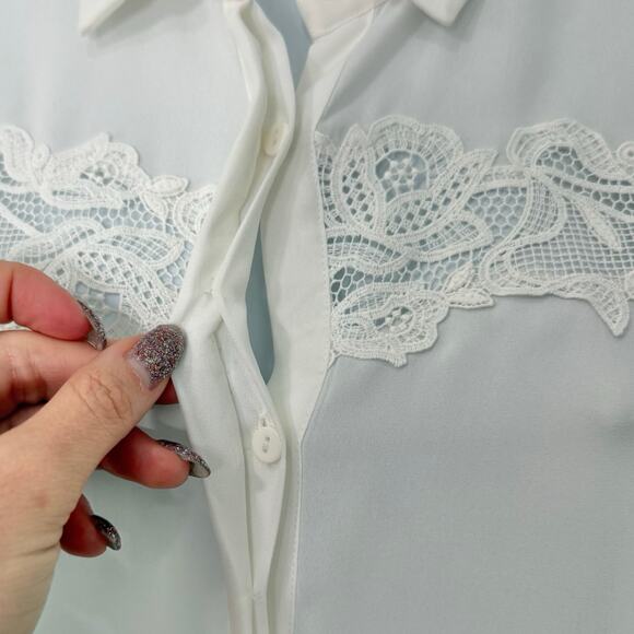 The Kooples White Floral Lace Crepe Long Sleeve Sheer Button Down Blouse Sz XS - Picture 13 of 13